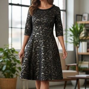 JAX Black Gold Damask Beaded Neckline 3/4 Sleeve Fit Flare Dress Size 6
